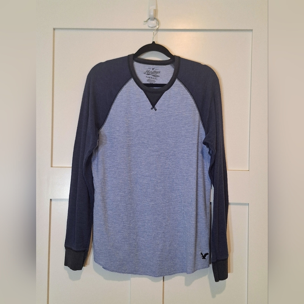 AEO Heritage Thermal Long Sleeve Shirt Dark Light Blue Size Large